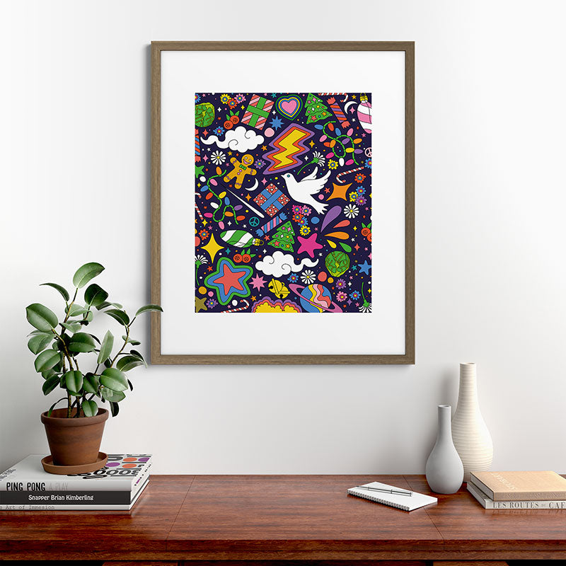 60s 70s psychedelic Modern Christmas Confetti Pattern Framed Art Print
