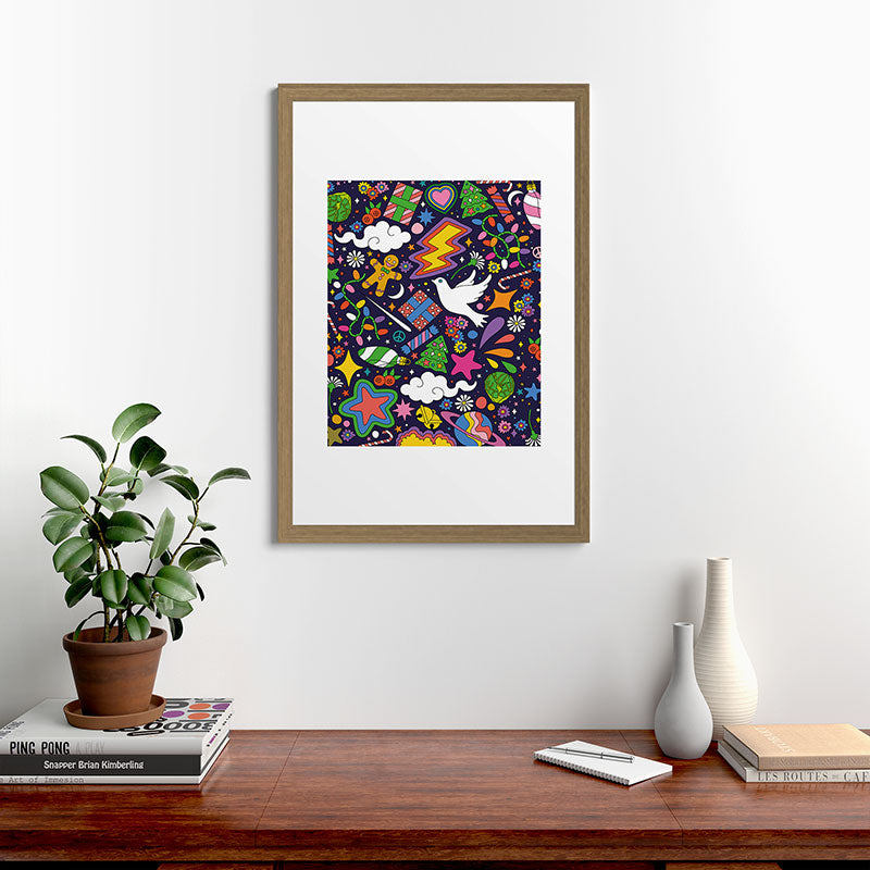 60s 70s psychedelic Modern Christmas Confetti Pattern Framed Art Print