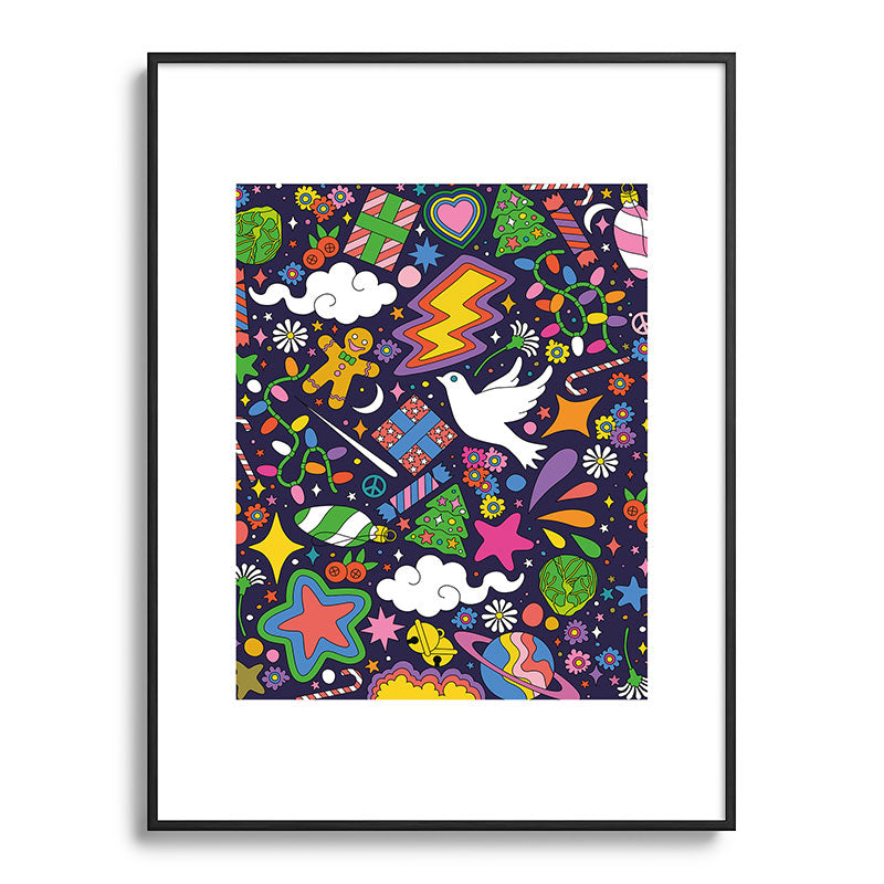 60s 70s psychedelic Modern Christmas Confetti Pattern Framed Art Print