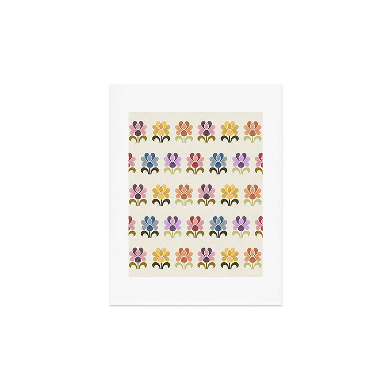 70s Retro Florals Pattern with Linen Texture Art Print