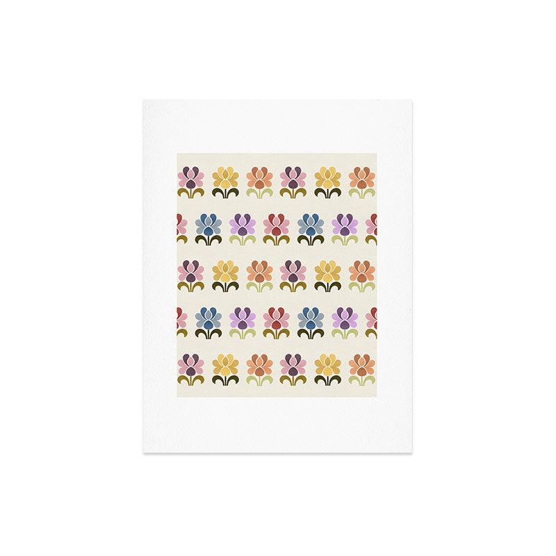 70s Retro Florals Pattern with Linen Texture Art Print