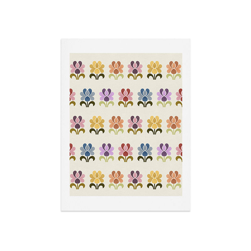 70s Retro Florals Pattern with Linen Texture Art Print