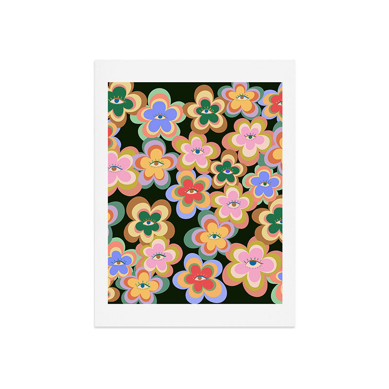 70s Evil Eye Flower Pattern in dark green Art Print