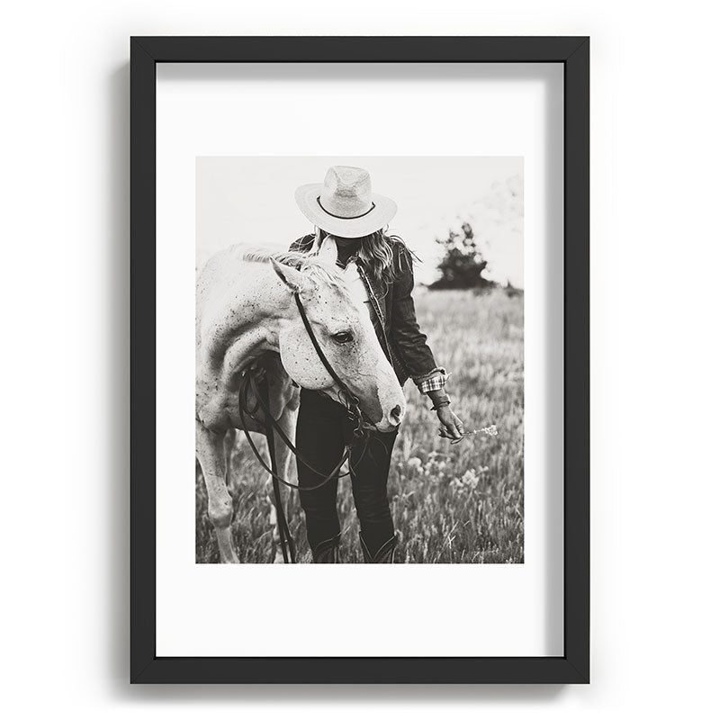 A Cowgirl & Her Horse - Black & White Photo Framed Art Print