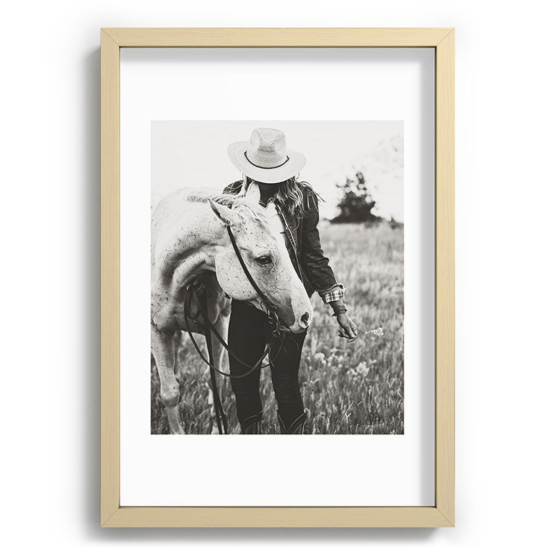 A Cowgirl & Her Horse - Black & White Photo Framed Art Print