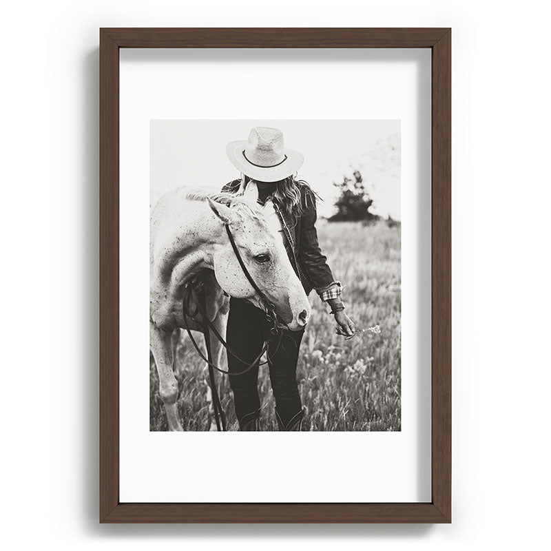 A Cowgirl & Her Horse - Black & White Photo Framed Art Print