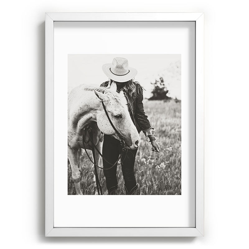 A Cowgirl & Her Horse - Black & White Photo Framed Art Print