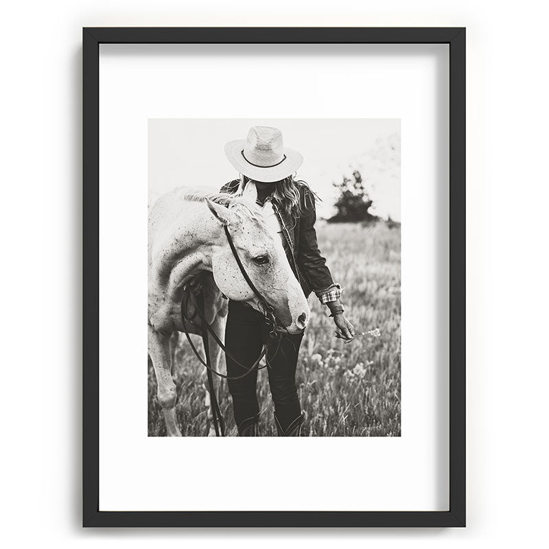 A Cowgirl & Her Horse - Black & White Photo Framed Art Print