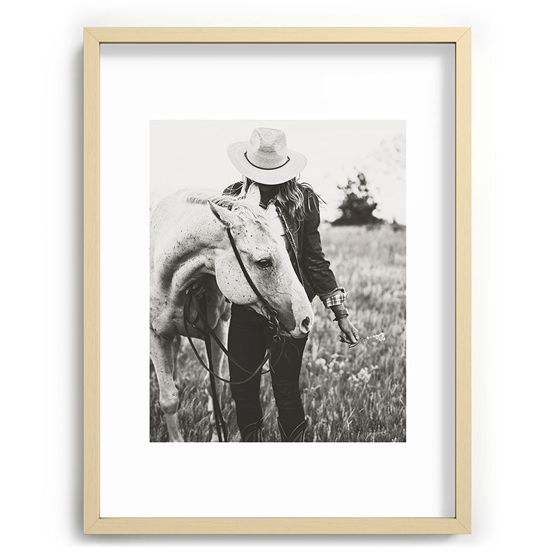 A Cowgirl & Her Horse - Black & White Photo Framed Art Print