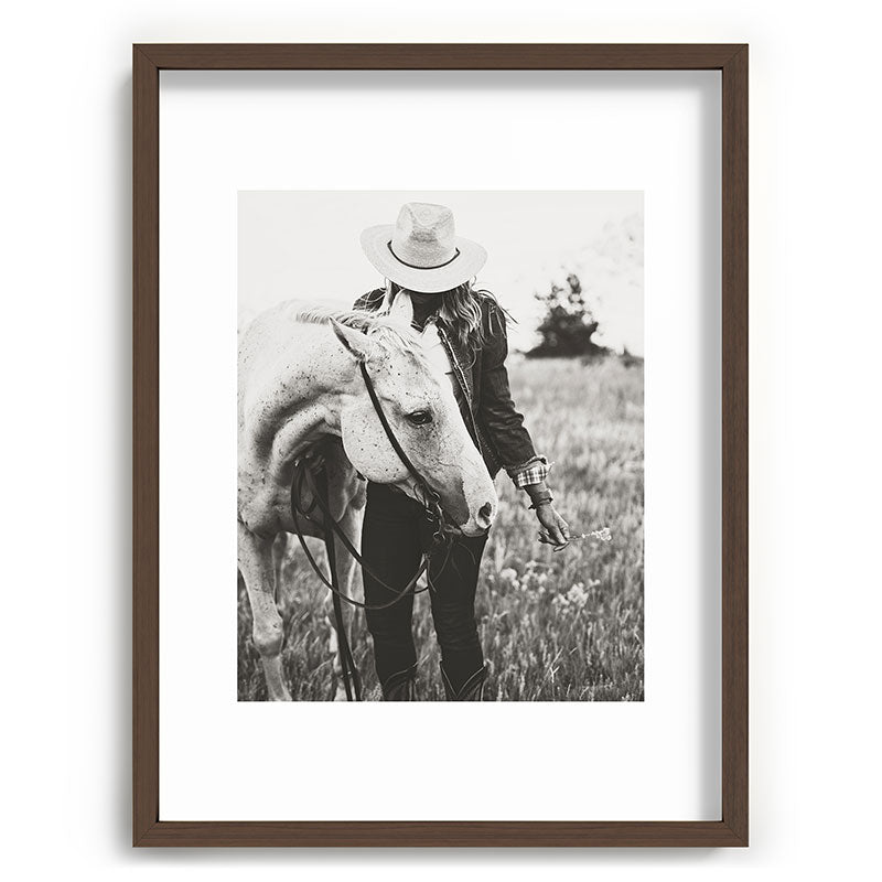 A Cowgirl & Her Horse - Black & White Photo Framed Art Print