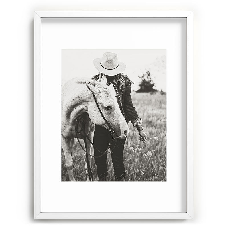 A Cowgirl & Her Horse - Black & White Photo Framed Art Print