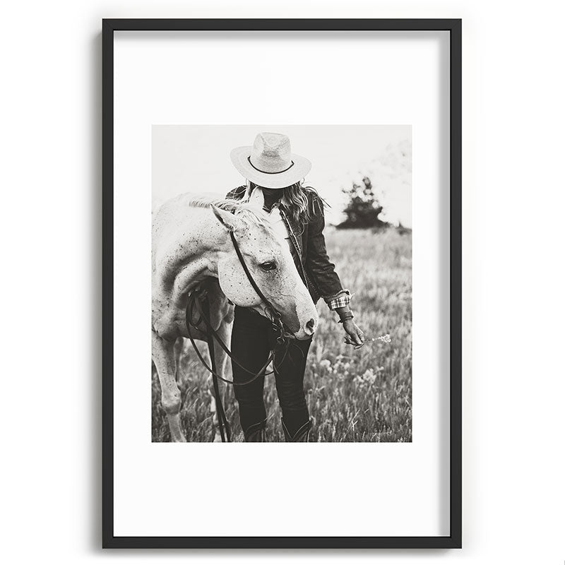 A Cowgirl & Her Horse - Black & White Photo Framed Art Print