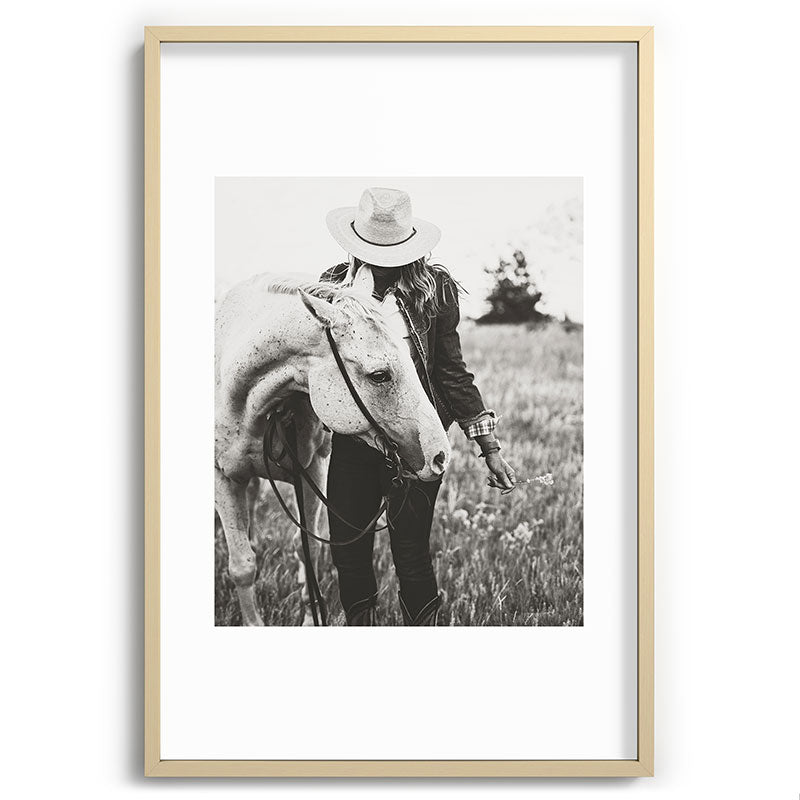 A Cowgirl & Her Horse - Black & White Photo Framed Art Print