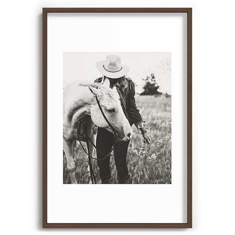 A Cowgirl & Her Horse - Black & White Photo Framed Art Print