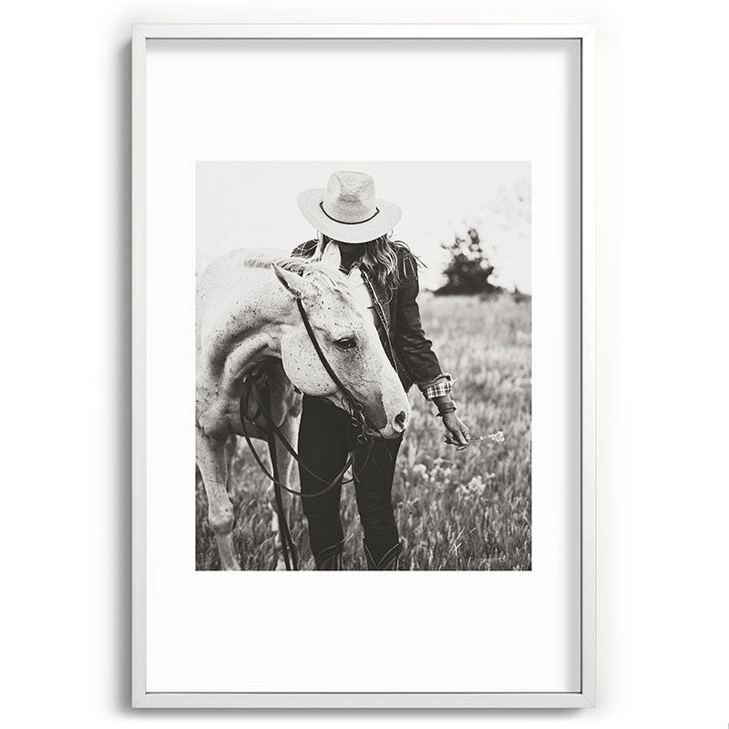 A Cowgirl & Her Horse - Black & White Photo Framed Art Print