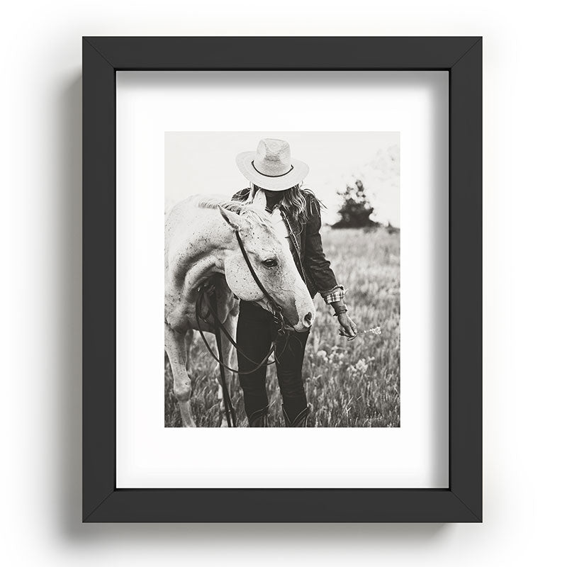 A Cowgirl & Her Horse - Black & White Photo Framed Art Print