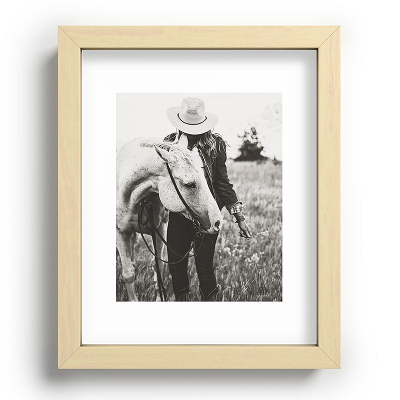 A Cowgirl & Her Horse - Black & White Photo Framed Art Print