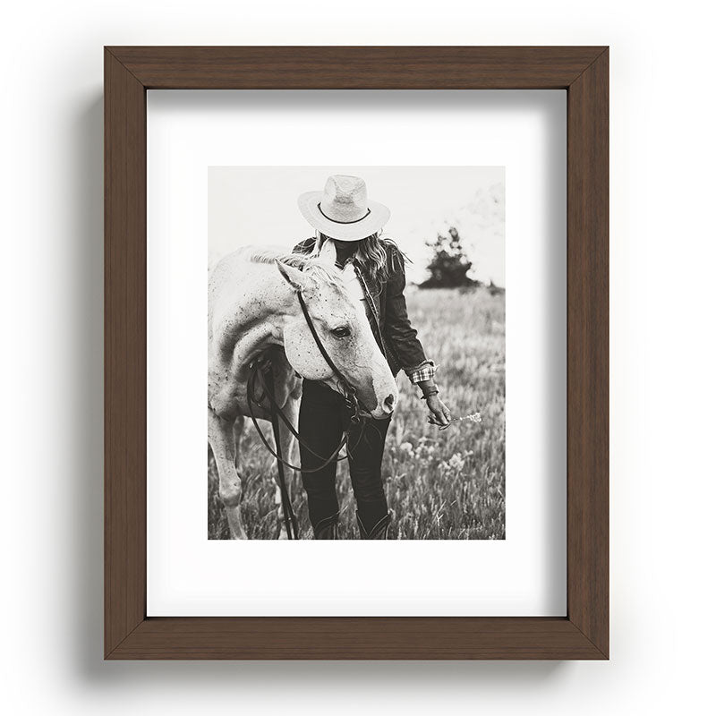 A Cowgirl & Her Horse - Black & White Photo Framed Art Print