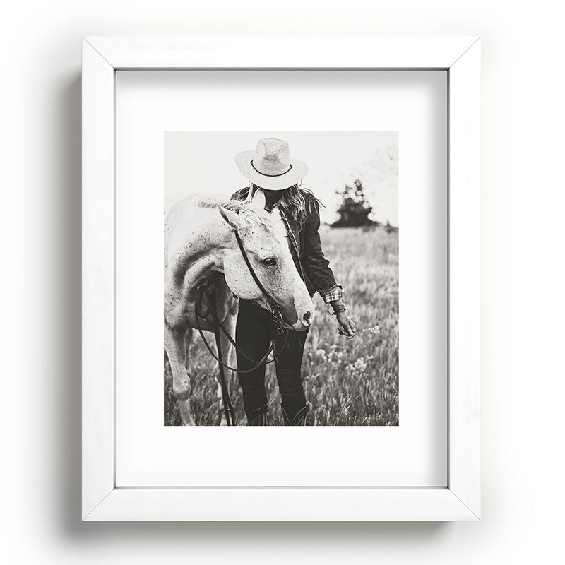 A Cowgirl & Her Horse - Black & White Photo Framed Art Print