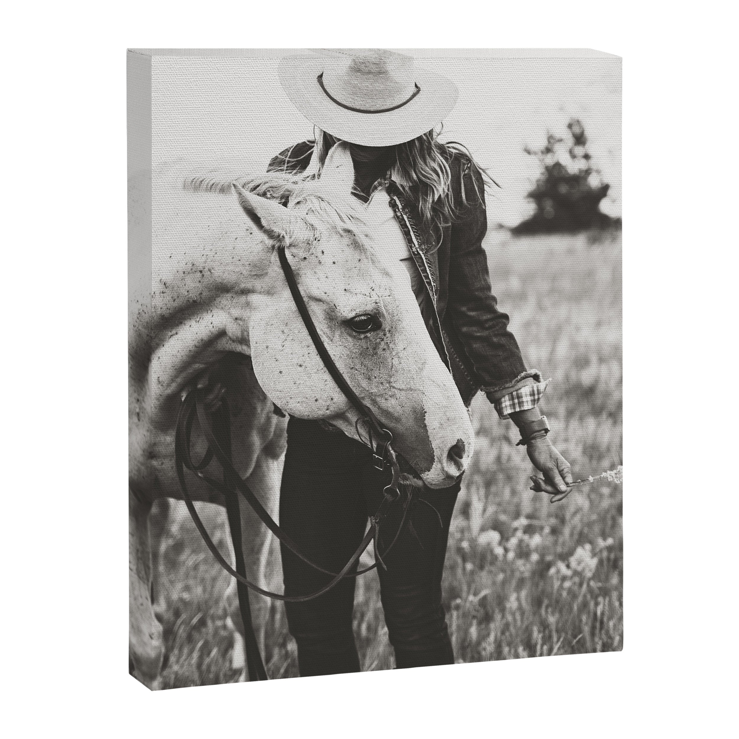 A Cowgirl & Her Horse - Black & White Photo Canvas Print