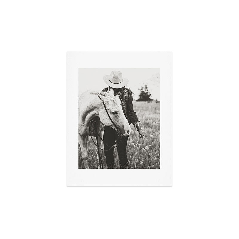 A Cowgirl & Her Horse - Black & White Photo Art Print