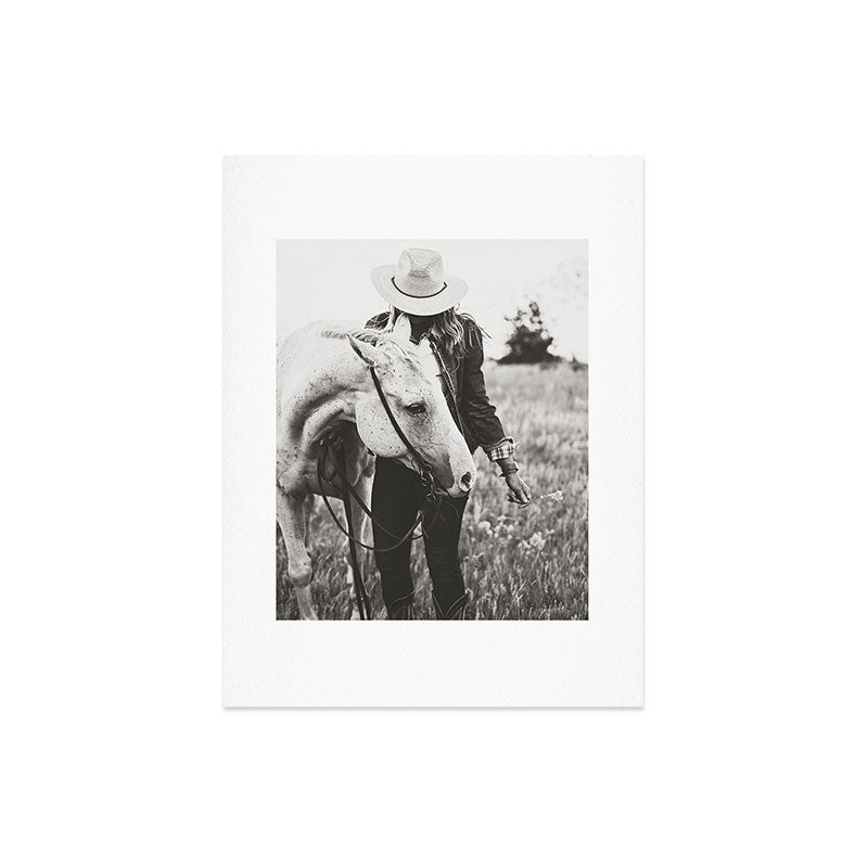 A Cowgirl & Her Horse - Black & White Photo Art Print