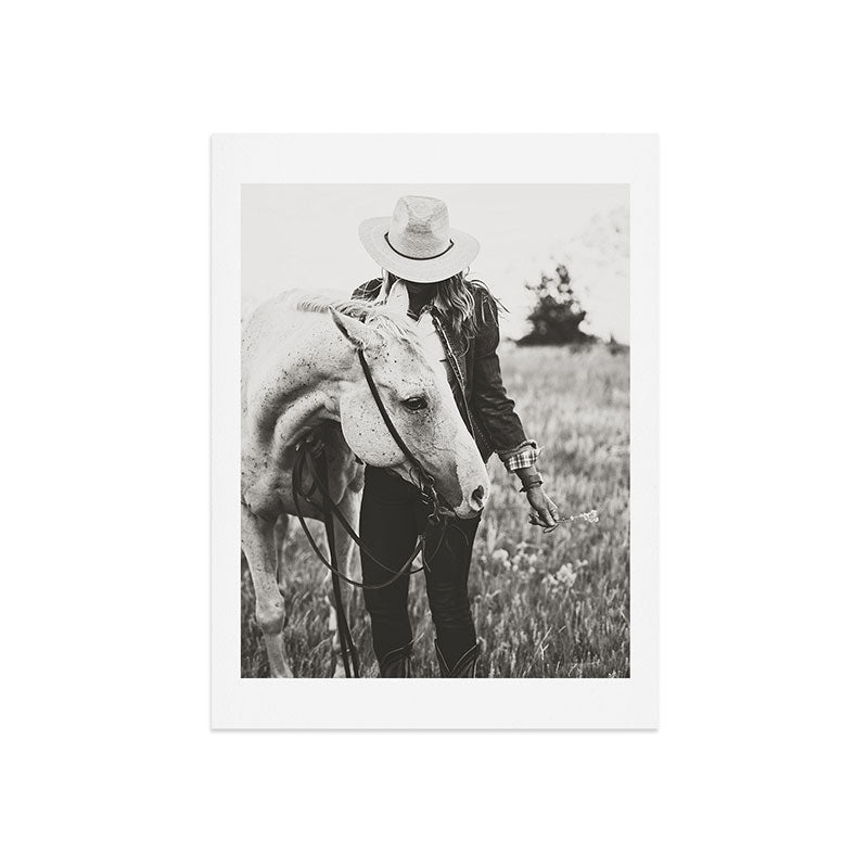 A Cowgirl & Her Horse - Black & White Photo Art Print