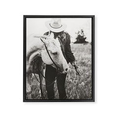 A Cowgirl & Her Horse - Black & White Photo Framed Canvas Print