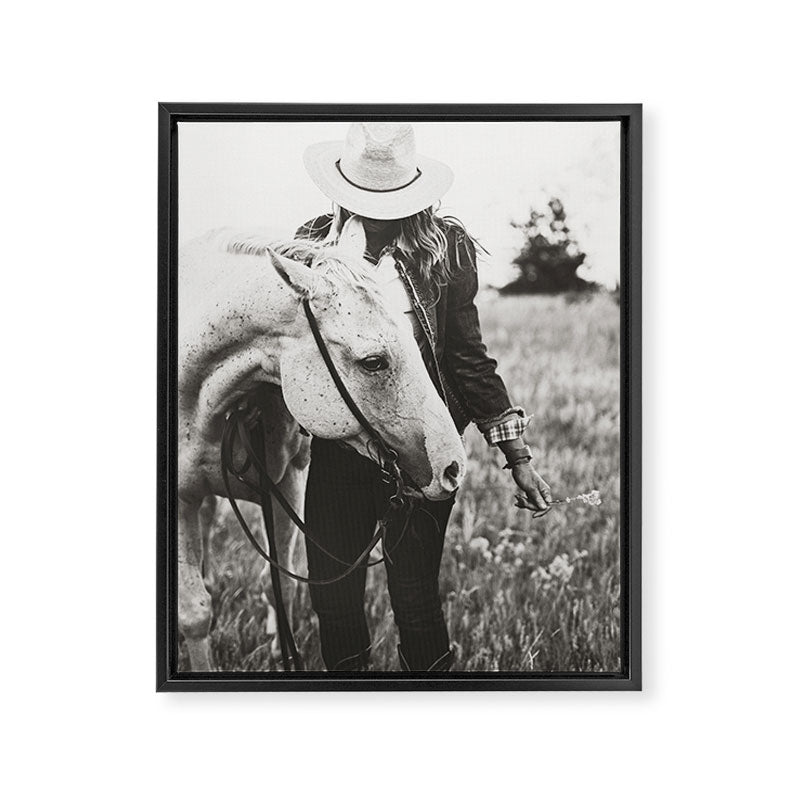 A Cowgirl & Her Horse - Black & White Photo Framed Canvas Print