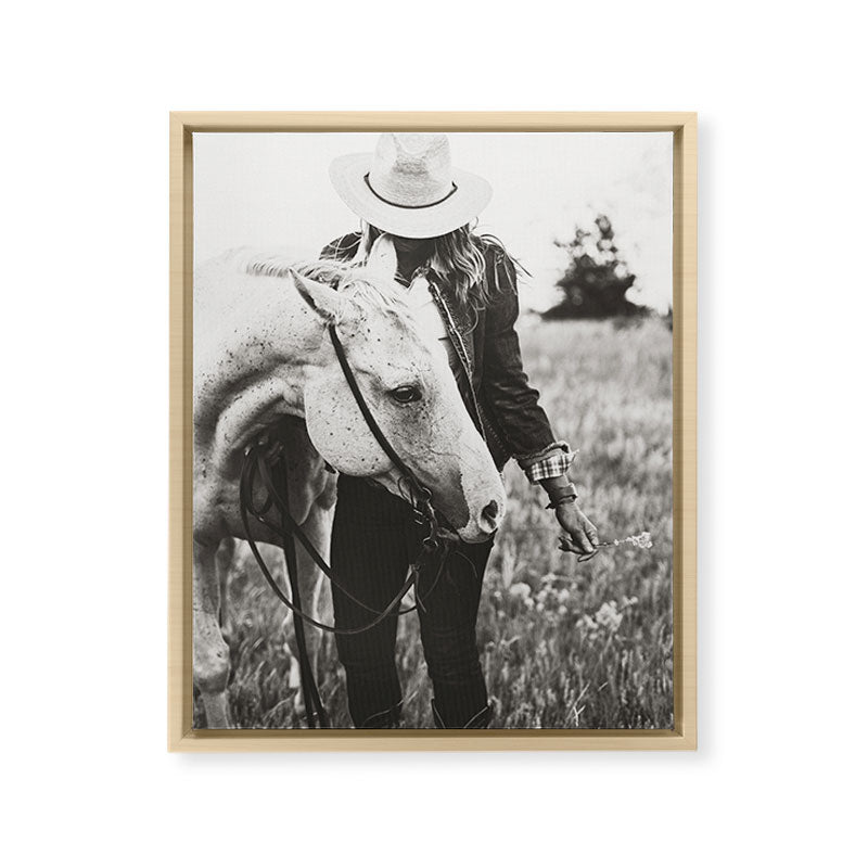 A Cowgirl & Her Horse - Black & White Photo Framed Canvas Print