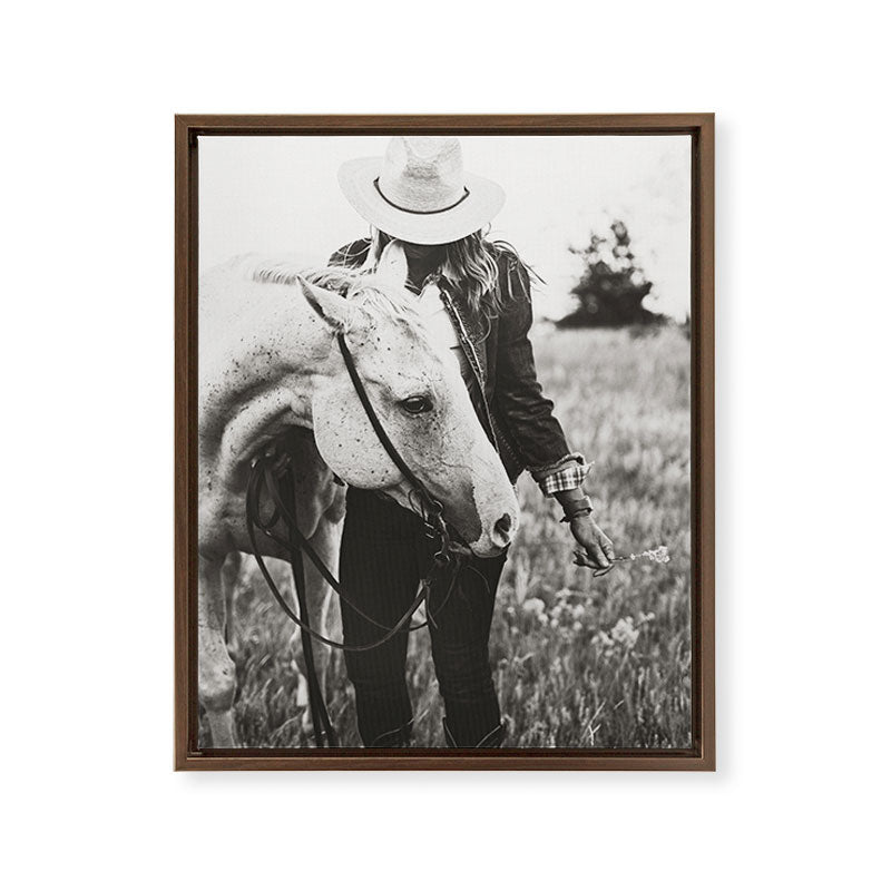 A Cowgirl & Her Horse - Black & White Photo Framed Canvas Print
