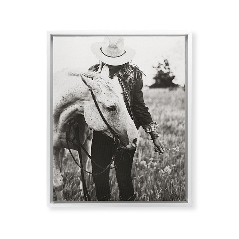 A Cowgirl & Her Horse - Black & White Photo Framed Canvas Print