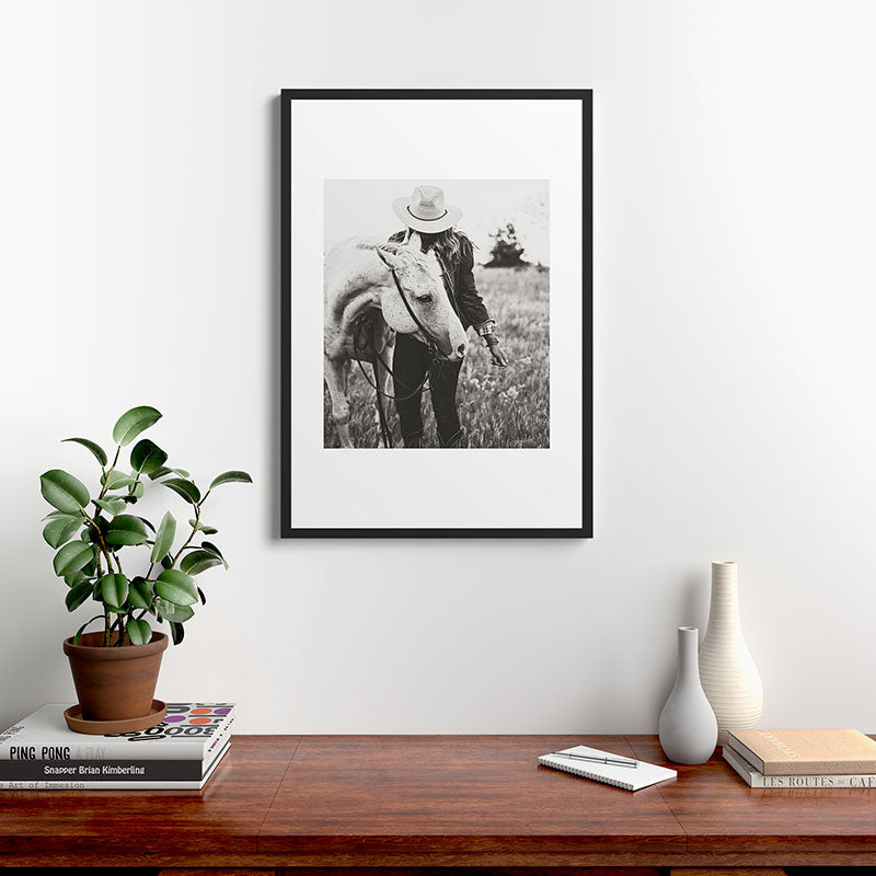A Cowgirl & Her Horse - Black & White Photo Framed Art Print