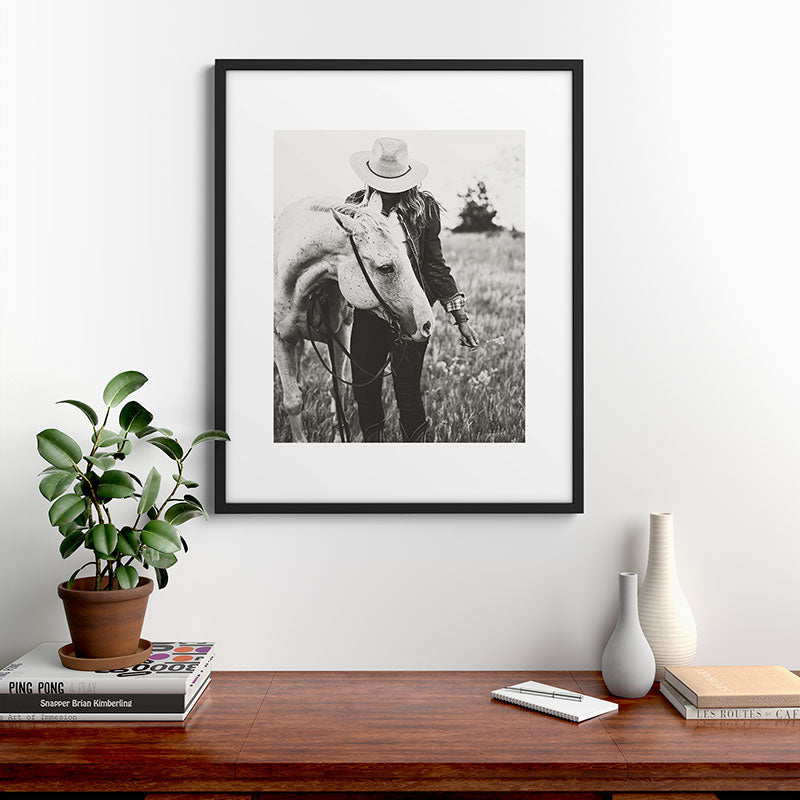 A Cowgirl & Her Horse - Black & White Photo Framed Art Print
