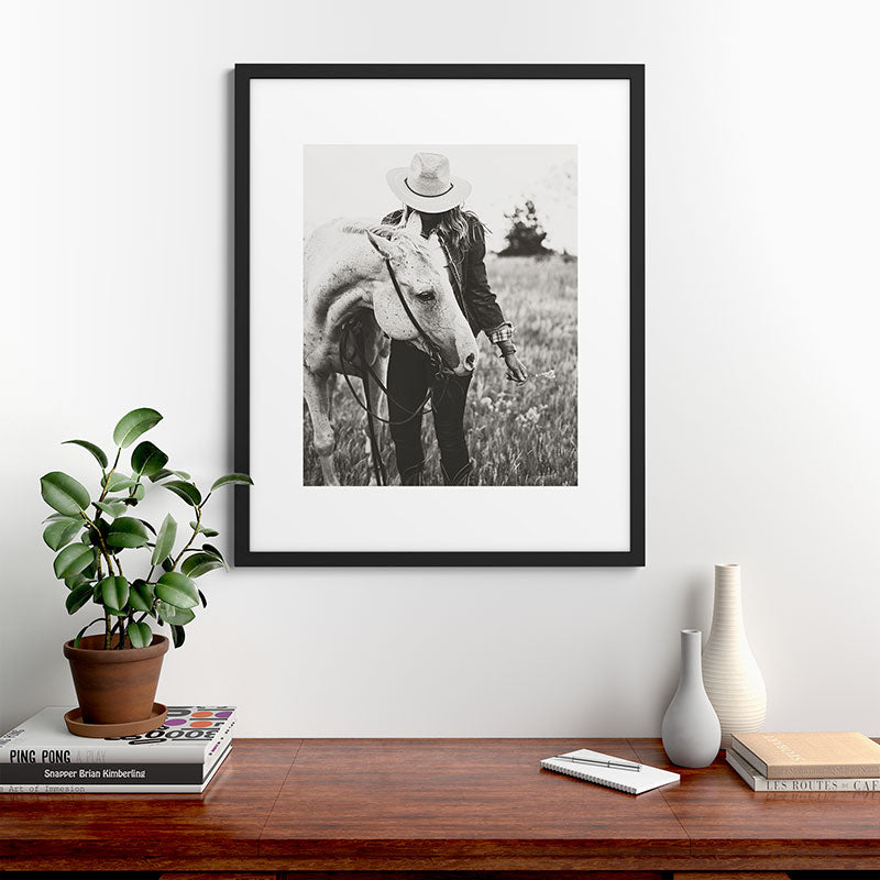 A Cowgirl & Her Horse - Black & White Photo Framed Art Print