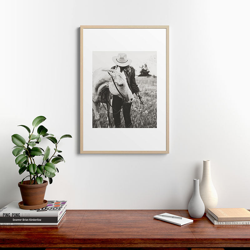A Cowgirl & Her Horse - Black & White Photo Framed Art Print