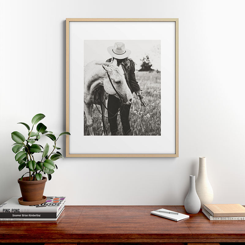 A Cowgirl & Her Horse - Black & White Photo Framed Art Print