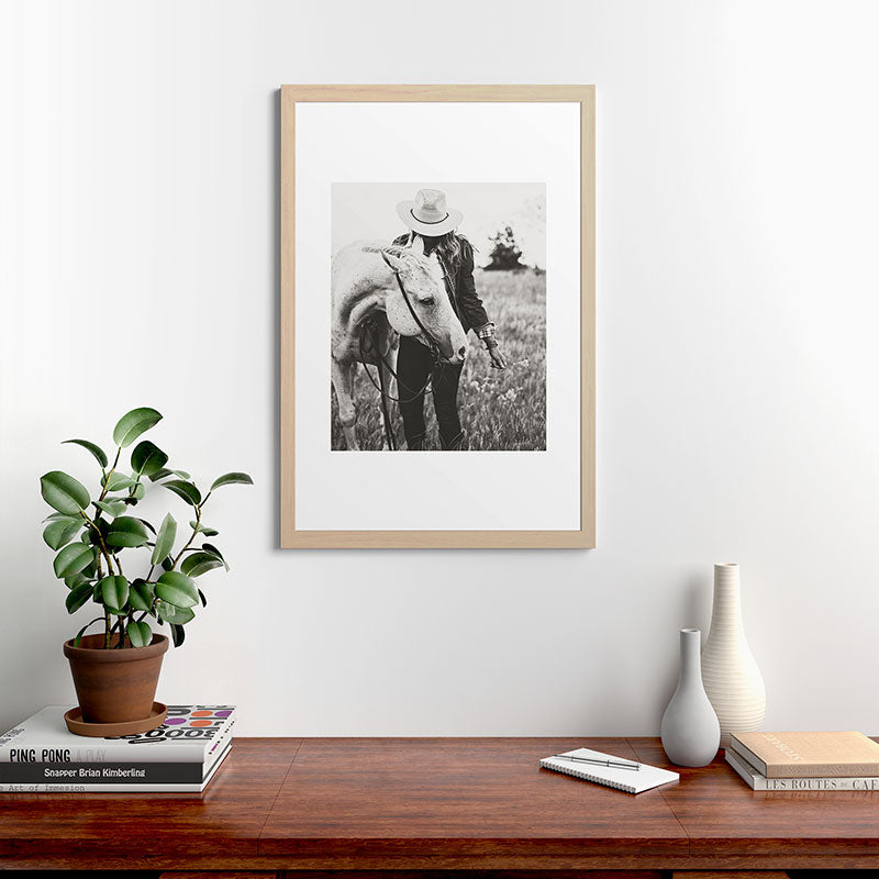 A Cowgirl & Her Horse - Black & White Photo Framed Art Print