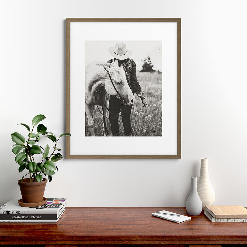 A Cowgirl & Her Horse - Black & White Photo Framed Art Print