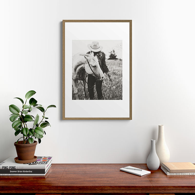 A Cowgirl & Her Horse - Black & White Photo Framed Art Print