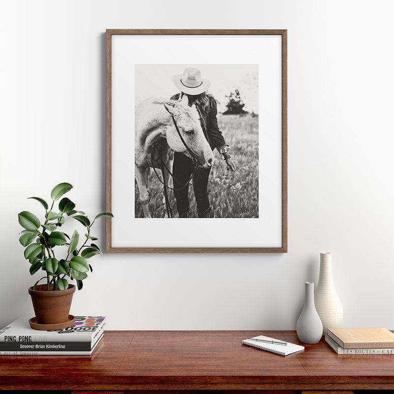 A Cowgirl & Her Horse - Black & White Photo Framed Art Print