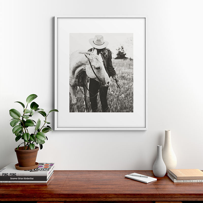 A Cowgirl & Her Horse - Black & White Photo Framed Art Print