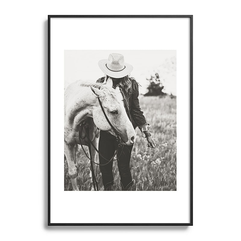 A Cowgirl & Her Horse - Black & White Photo Framed Art Print