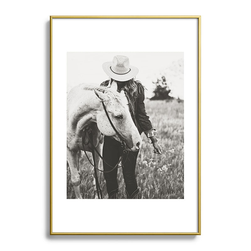 A Cowgirl & Her Horse - Black & White Photo Framed Art Print