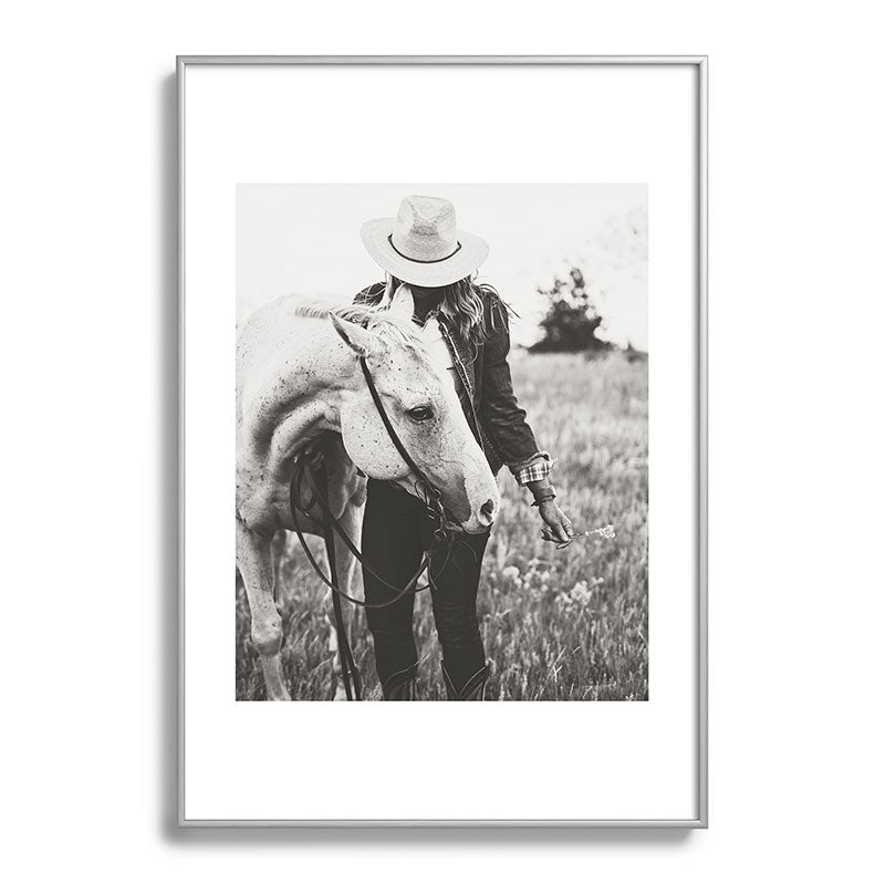 A Cowgirl & Her Horse - Black & White Photo Framed Art Print