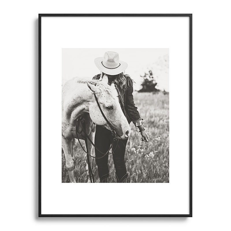 A Cowgirl & Her Horse - Black & White Photo Framed Art Print
