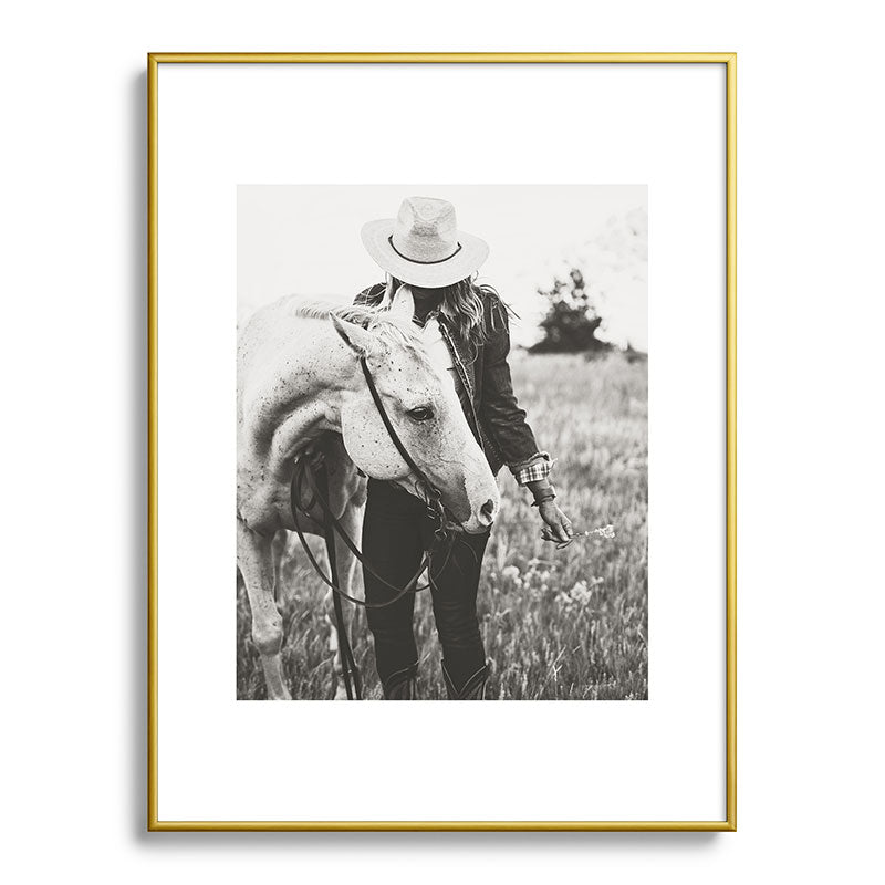 A Cowgirl & Her Horse - Black & White Photo Framed Art Print