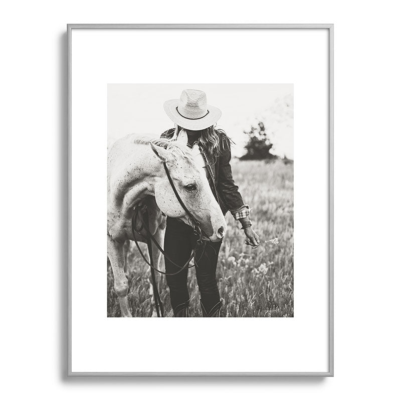A Cowgirl & Her Horse - Black & White Photo Framed Art Print