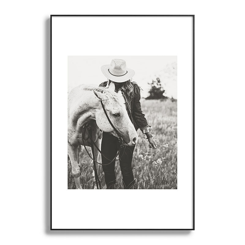 A Cowgirl & Her Horse - Black & White Photo Framed Art Print