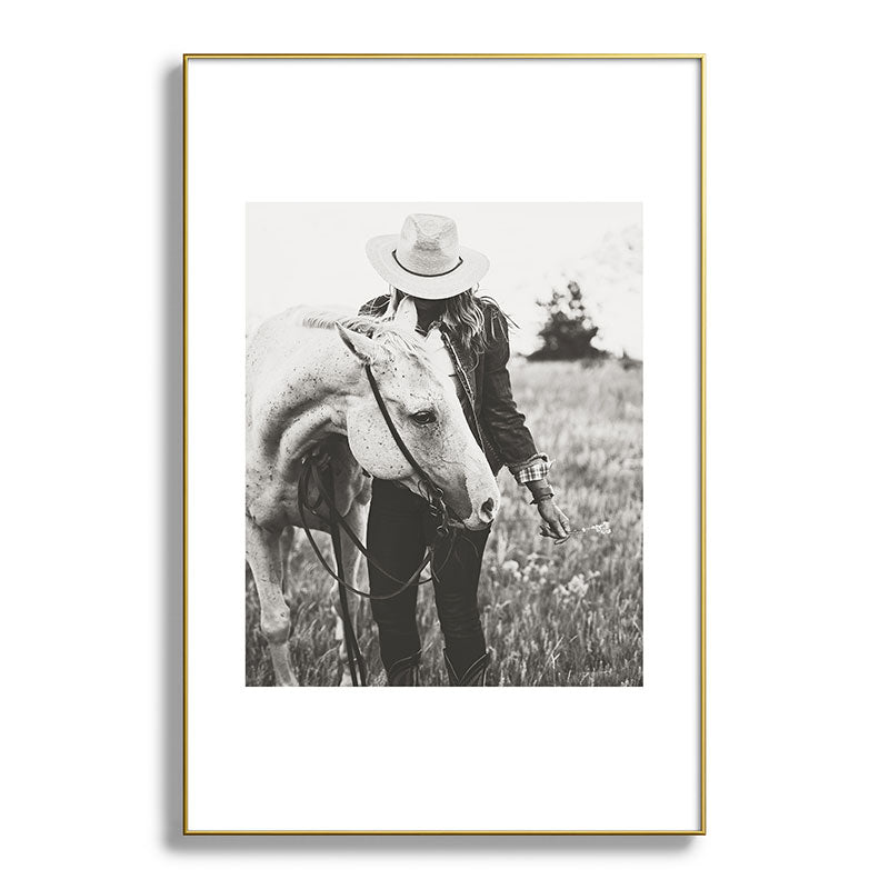 A Cowgirl & Her Horse - Black & White Photo Framed Art Print